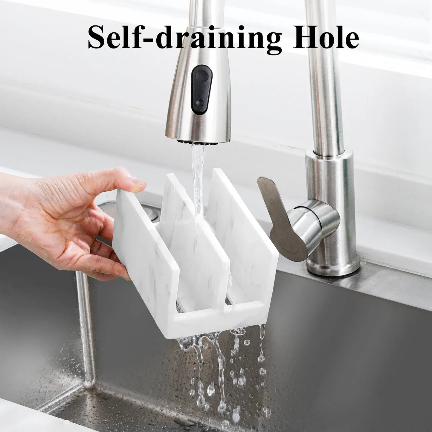 Uchwyt na gąbkę kuchenną Luxspire Resin – dwukomorowy organizer do zlewu z tacką ociekową 