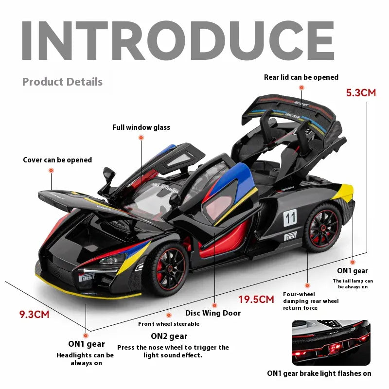 Model samochodu McLaren Senna w skali 1:24 z odlewu ciśnieniowego ze światłami i dźwiękiem – wersja torowa, kolekcjonerski prezent sportowy