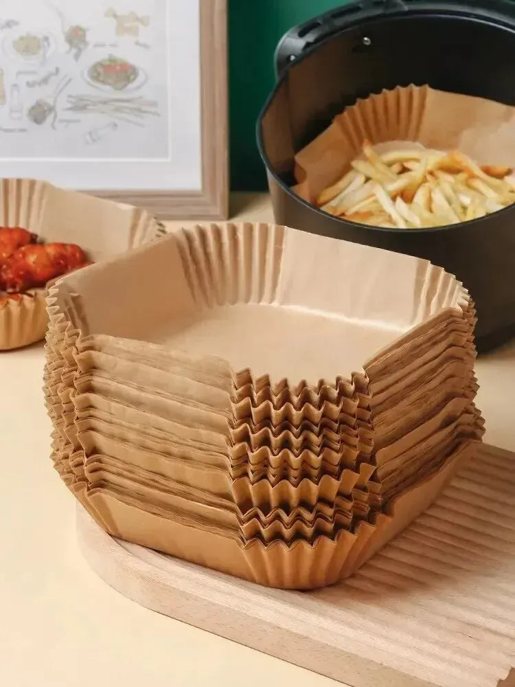 50 szt. jednorazowych papierowych wkładek do frytkownicy powietrznej – okrągłe papiery do pieczenia z powłoką zapobiegającą przywieraniu, zapewniające łatwe i bezproblemowe gotowanie 