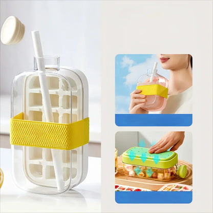 2-in-1 Ice Cube Maker Bottle with Straw – Easy Press Ice Mold & Water Bottle for Summer Drinks