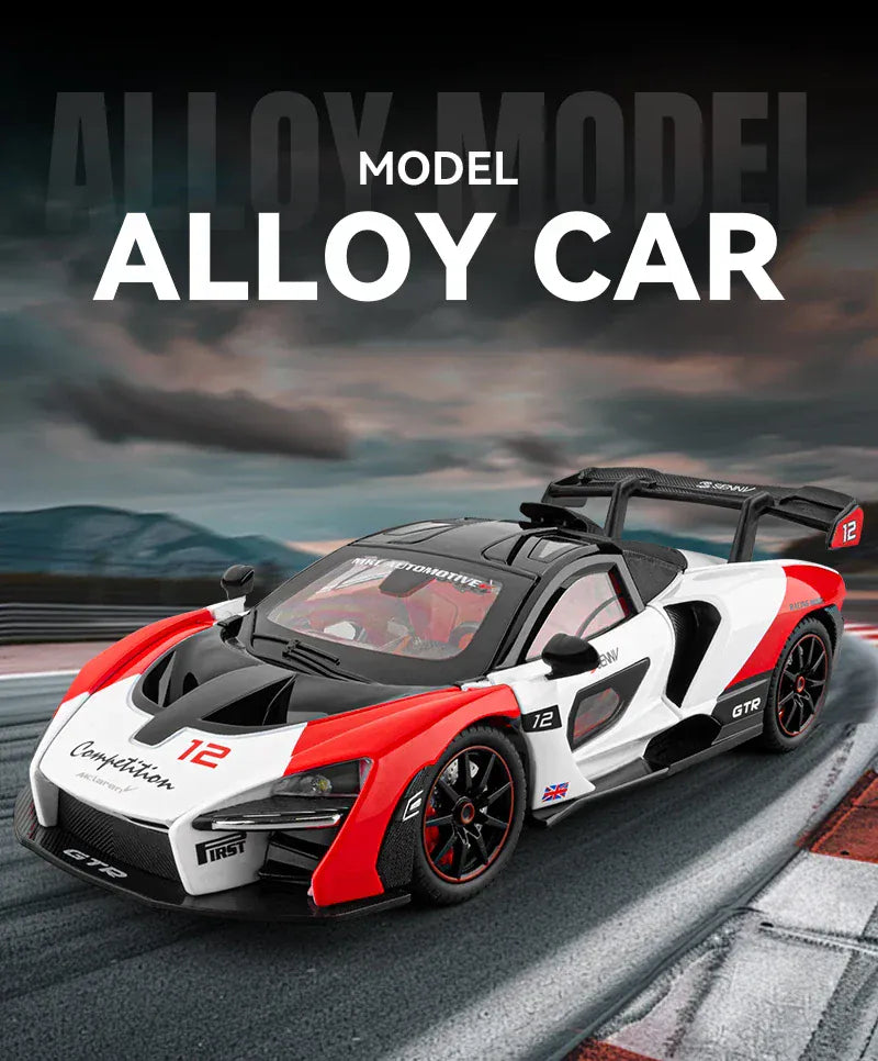 Model samochodu McLaren Senna w skali 1:24 z odlewu ciśnieniowego ze światłami i dźwiękiem – wersja torowa, kolekcjonerski prezent sportowy