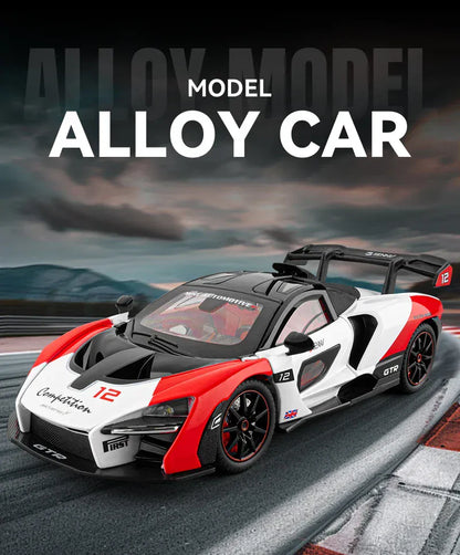 Model samochodu McLaren Senna w skali 1:24 z odlewu ciśnieniowego ze światłami i dźwiękiem – wersja torowa, kolekcjonerski prezent sportowy