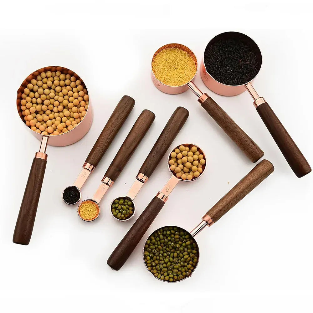 Zestaw miarek i łyżek ze stali nierdzewnej z uchwytami z drewna różanego – najwyższej jakości narzędzia do pieczenia i kawy 