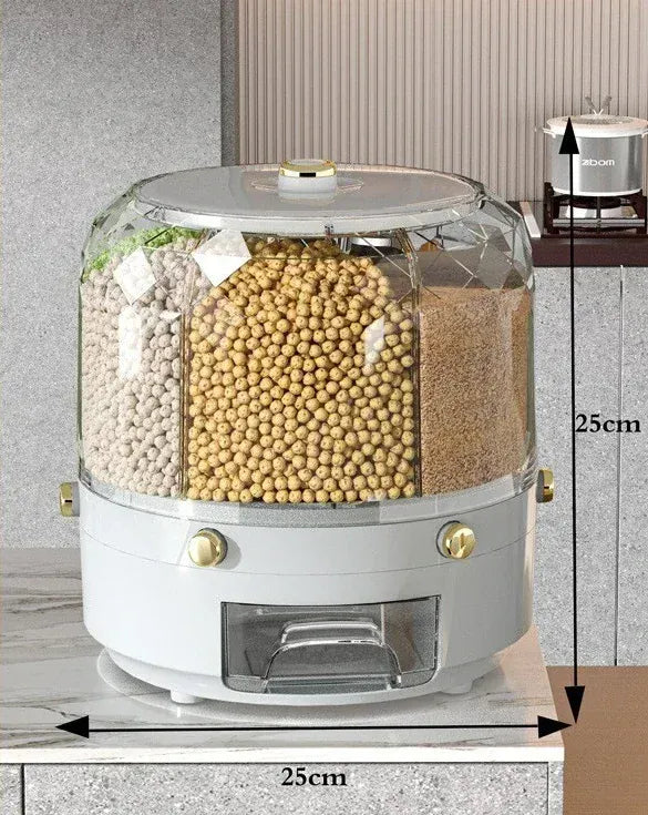 360° Rotating Rice & Cereal Dispenser – Airtight 6-Compartment Grain Storage Box for Kitchen