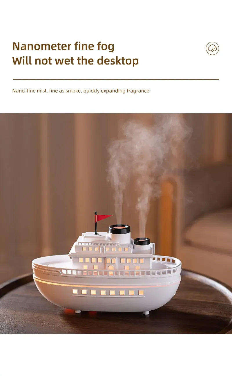 Dyfuzor aromaterapeutyczny Ship 300 ml — nawilżacz z chłodną mgiełką i oświetleniem LED | Dekoracyjny dyfuzor olejków eterycznych Steamboat do domu, sypialni i biura 