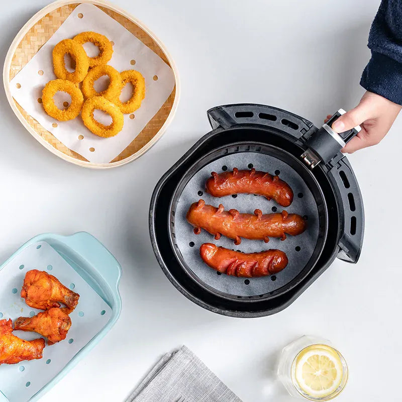 50 szt. papierowych wkładek do frytkownicy powietrznej, nieprzywierających, jednorazowych mat do gotowania na parze, do pieczenia, gotowania i smażenia – żaroodporny, olejoodporny papier do frytkownicy powietrznej i piekarnika 