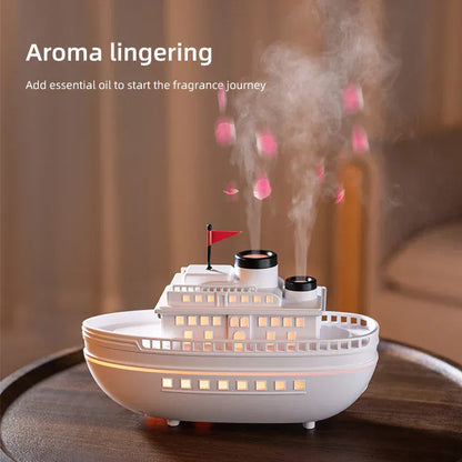 Dyfuzor aromaterapeutyczny Ship 300 ml — nawilżacz z chłodną mgiełką i oświetleniem LED | Dekoracyjny dyfuzor olejków eterycznych Steamboat do domu, sypialni i biura 