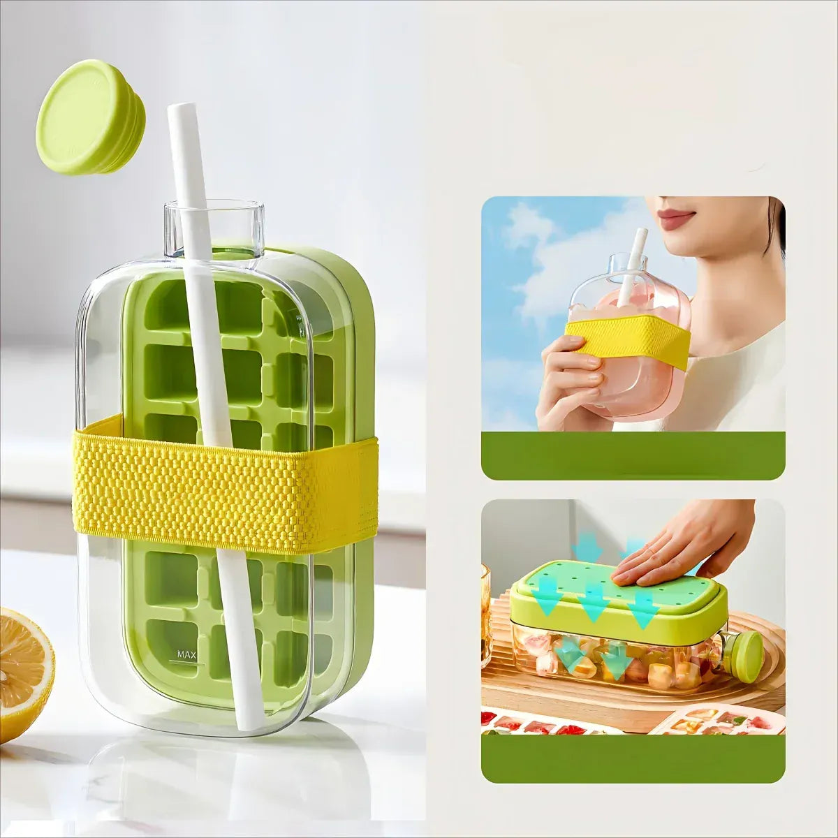 2-in-1 Ice Cube Maker Bottle with Straw – Easy Press Ice Mold & Water Bottle for Summer Drinks