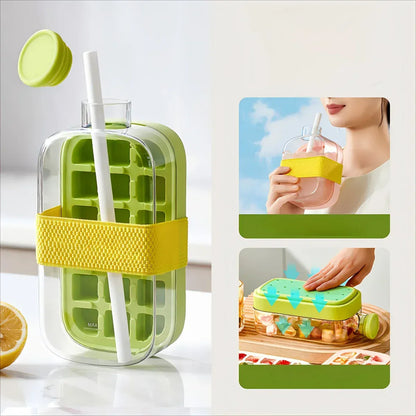 2-in-1 Ice Cube Maker Bottle with Straw – Easy Press Ice Mold & Water Bottle for Summer Drinks