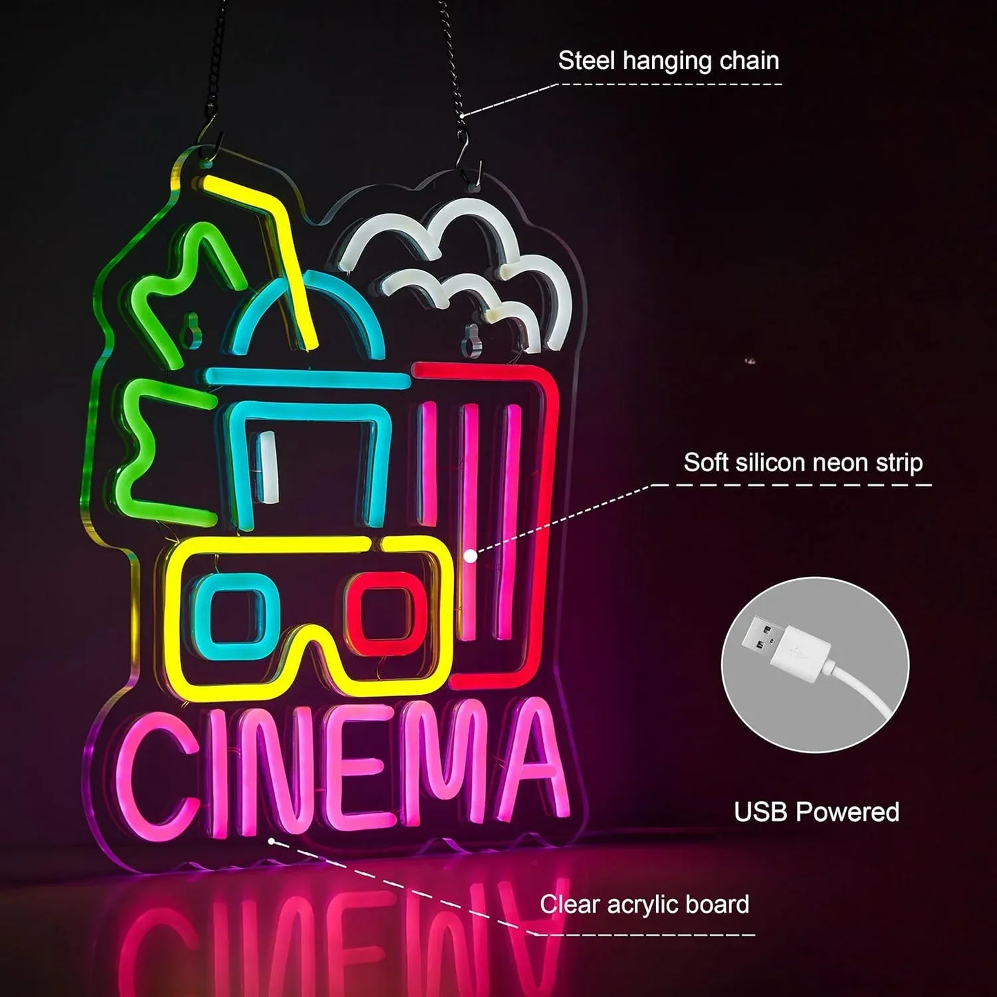 Kino Zasilany przez USB Neon LED Ściemnialny Neon Dekoracja Ścienna Do Dekoracji Pokoju Impreza Urodziny Ręcznie Robiony Prezent Teatr Sztuka Film 