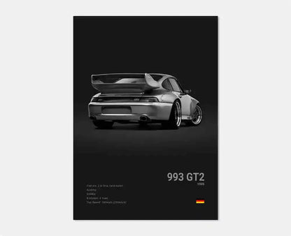 Czarno-biały plakat z niemieckim samochodem sportowym | Płócienna grafika ścienna z Porsche 911 GT3 RS