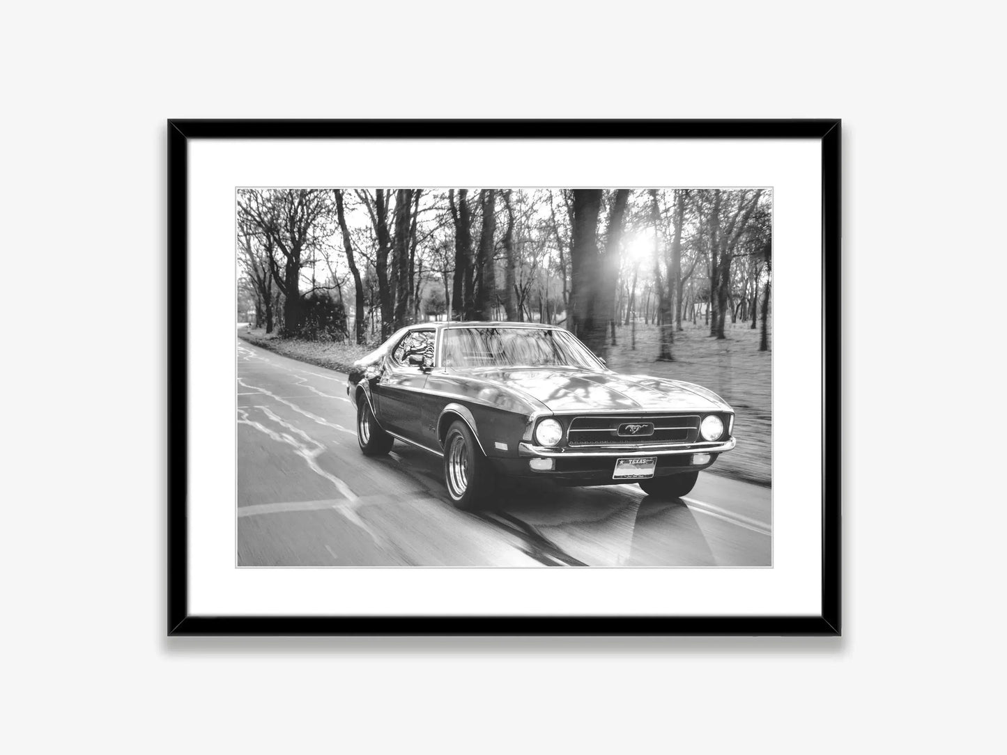 Klasyczny czarno-biały plakat z samochodem Ford Mustang – nowoczesna sztuka ścienna na płótnie na sprzedaż w Polsce 