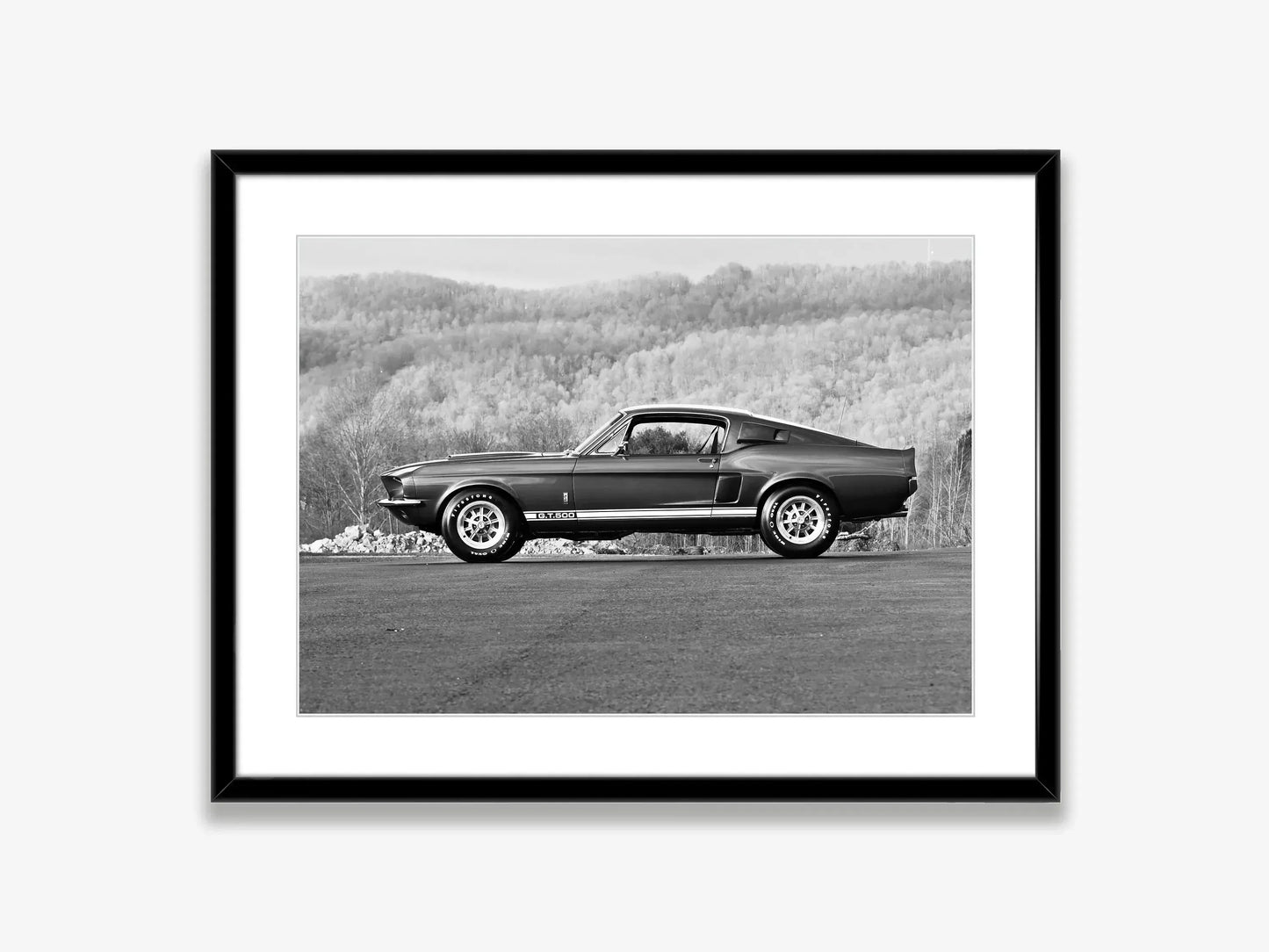 Klasyczny czarno-biały plakat z samochodem Ford Mustang – nowoczesna sztuka ścienna na płótnie na sprzedaż w Polsce 