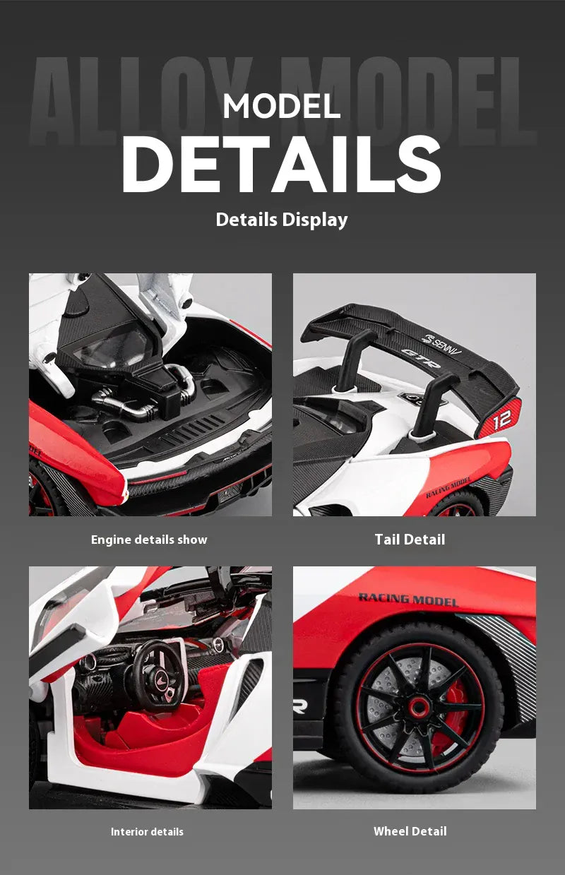 Model samochodu McLaren Senna w skali 1:24 z odlewu ciśnieniowego ze światłami i dźwiękiem – wersja torowa, kolekcjonerski prezent sportowy