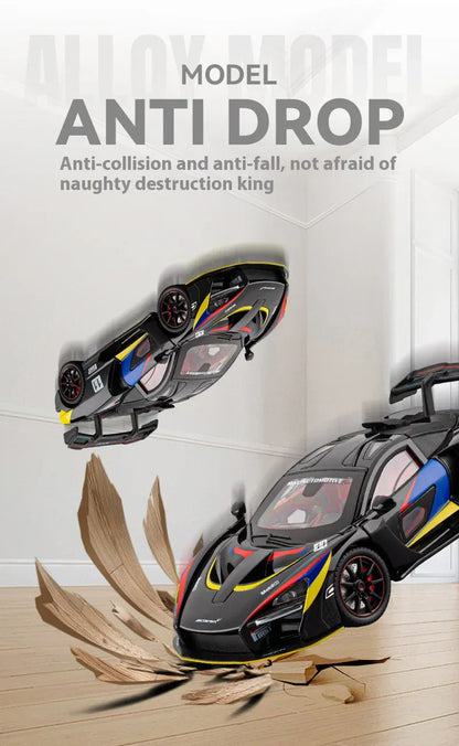 Model samochodu McLaren Senna w skali 1:24 z odlewu ciśnieniowego ze światłami i dźwiękiem – wersja torowa, kolekcjonerski prezent sportowy