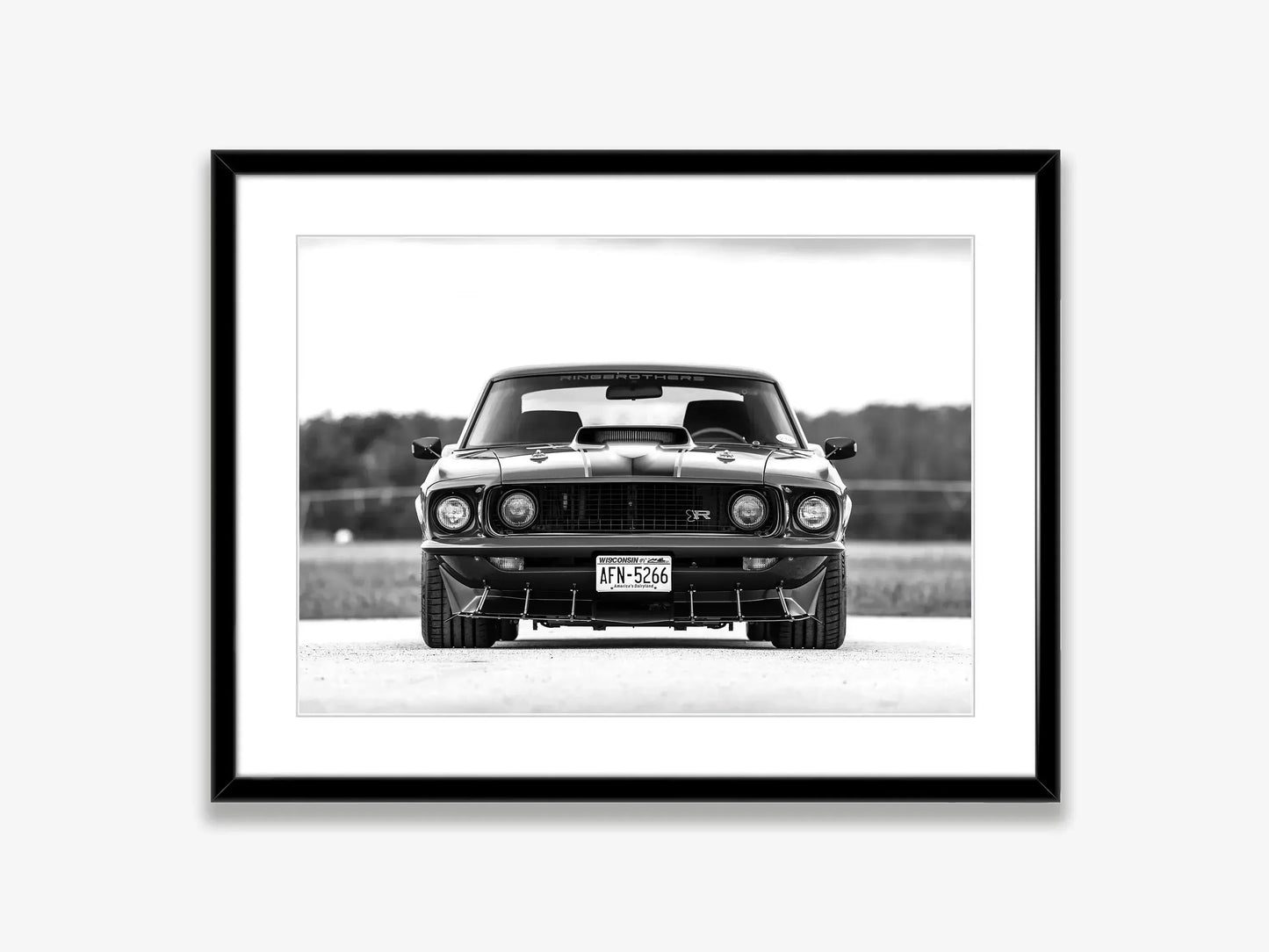 Klasyczny czarno-biały plakat z samochodem Ford Mustang – nowoczesna sztuka ścienna na płótnie na sprzedaż w Polsce 