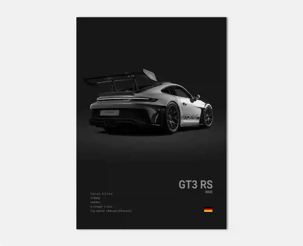 Czarno-biały plakat z niemieckim samochodem sportowym | Płócienna grafika ścienna z Porsche 911 GT3 RS