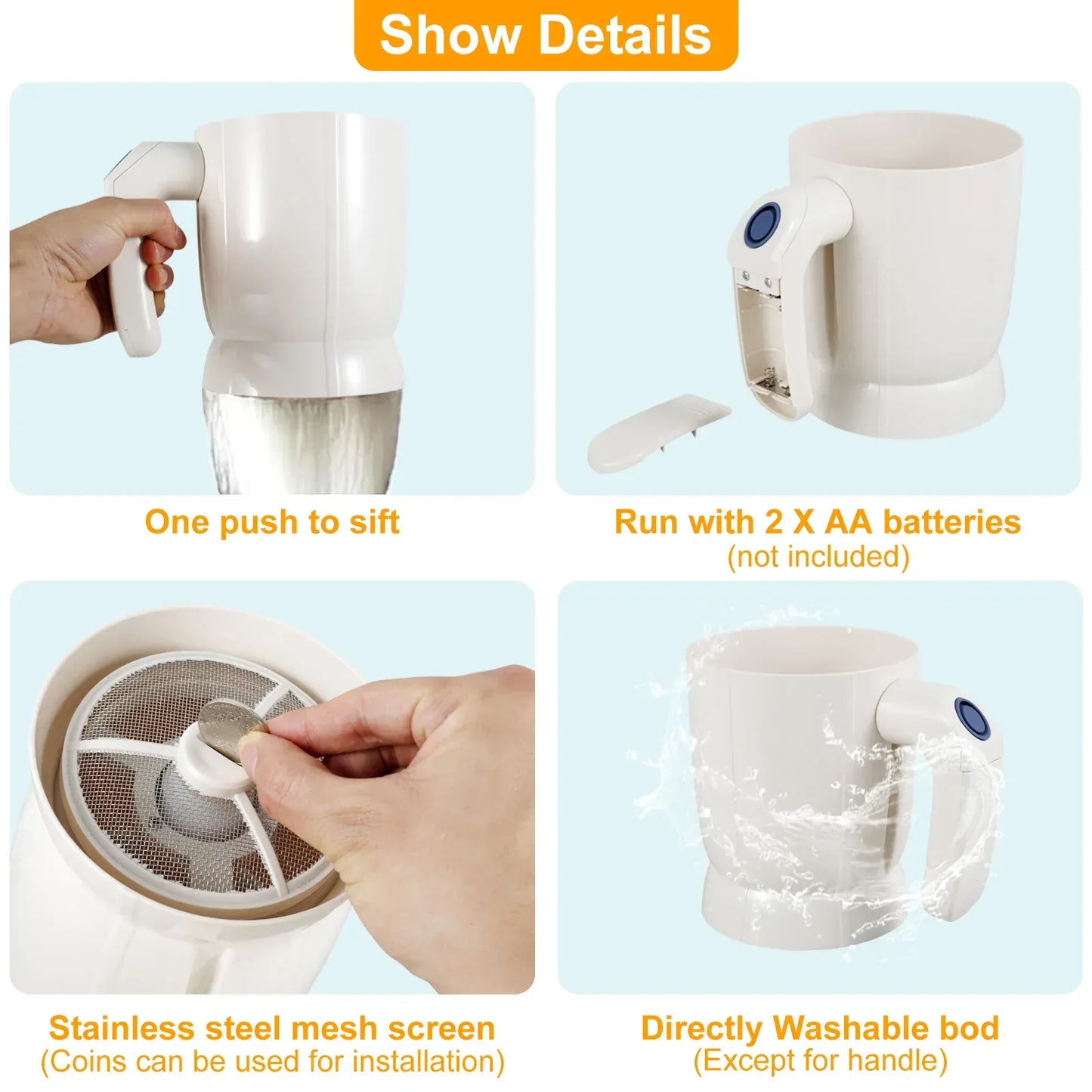 Elektryczne sito do mąki | Drobnooczkowe sito do pieczenia ze stali nierdzewnej do przesiewania ciasta i cukru