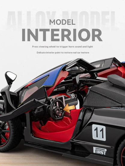 Model samochodu McLaren Senna w skali 1:24 z odlewu ciśnieniowego ze światłami i dźwiękiem – wersja torowa, kolekcjonerski prezent sportowy