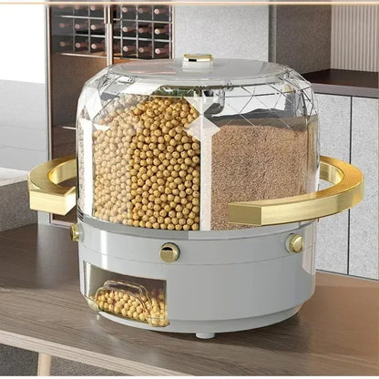 360° Rotating Rice & Cereal Dispenser – Airtight 6-Compartment Grain Storage Box for Kitchen