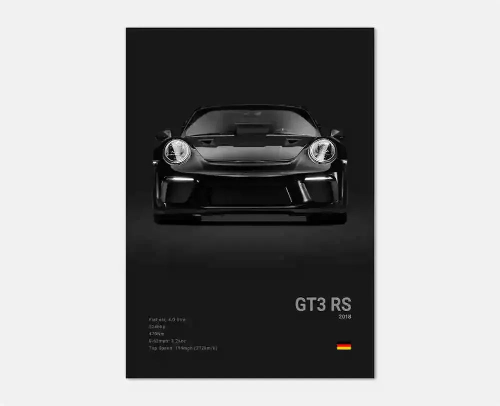 Czarno-biały plakat z niemieckim samochodem sportowym | Płócienna grafika ścienna z Porsche 911 GT3 RS