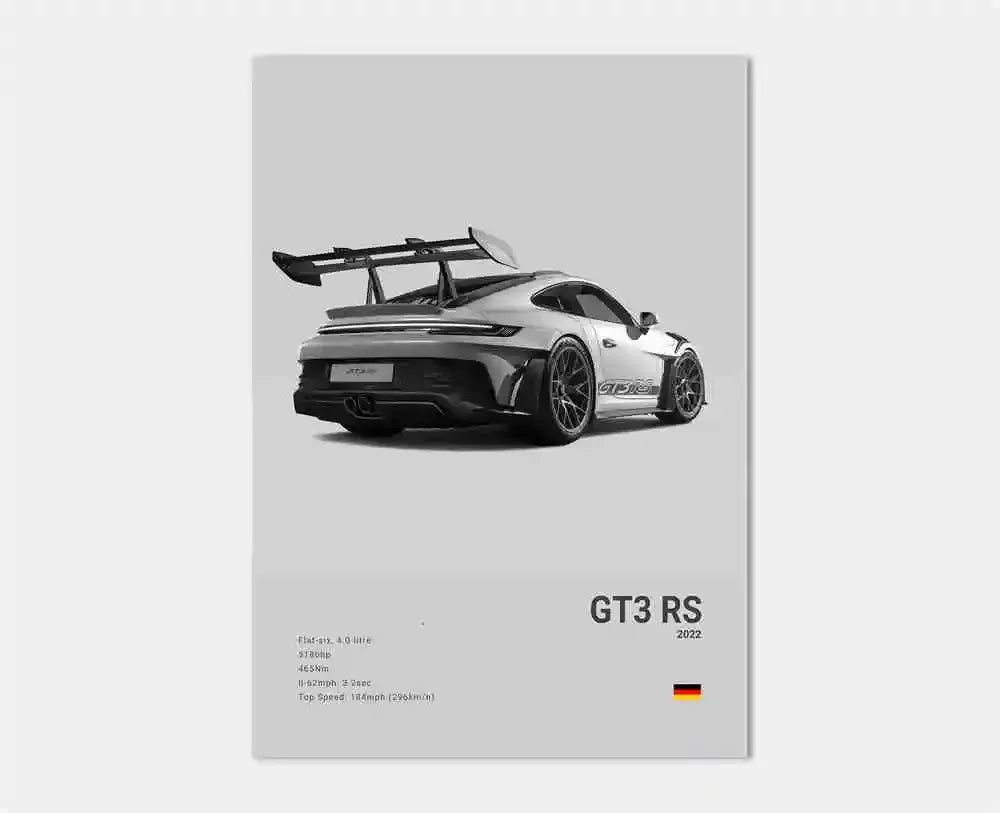 Czarno-biały plakat z niemieckim samochodem sportowym | Płócienna grafika ścienna z Porsche 911 GT3 RS
