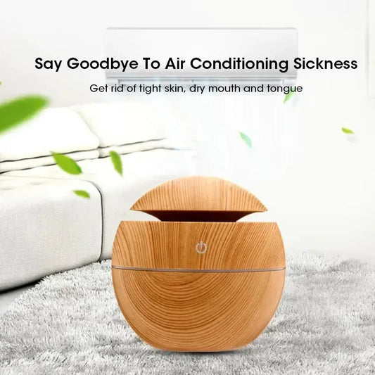 Mini Portable Air Humidifier USB Essential Oil Diffuser Bottle Free Adjustable Quiet for Bedroom Office Car – Wood Grain Design