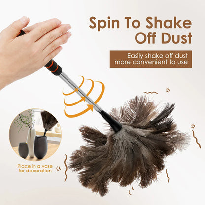 Rozkładana miotełka ze strusich piór z długą rączką ze stali nierdzewnej | Naturalna szczotka do czyszczenia z piór do domu, wentylatorów sufitowych i mebli – na sprzedaż w Polsce