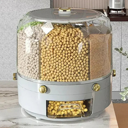 360° Rotating Rice & Cereal Dispenser – Airtight 6-Compartment Grain Storage Box for Kitchen