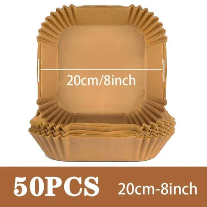 50 szt. jednorazowych papierowych wkładek do frytkownicy powietrznej – okrągłe papiery do pieczenia z powłoką zapobiegającą przywieraniu, zapewniające łatwe i bezproblemowe gotowanie 