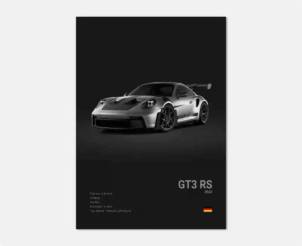 Czarno-biały plakat z niemieckim samochodem sportowym | Płócienna grafika ścienna z Porsche 911 GT3 RS