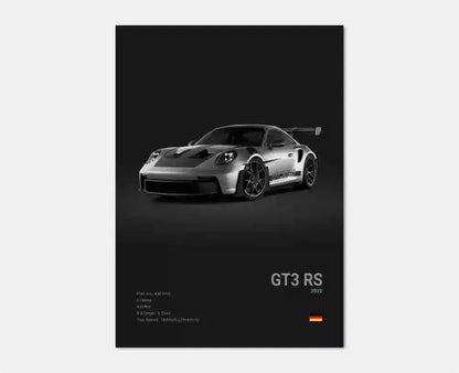 Czarno-biały plakat z niemieckim samochodem sportowym | Płócienna grafika ścienna z Porsche 911 GT3 RS