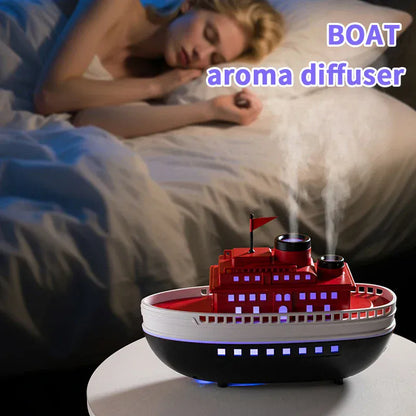 Dyfuzor aromaterapeutyczny Ship 300 ml — nawilżacz z chłodną mgiełką i oświetleniem LED | Dekoracyjny dyfuzor olejków eterycznych Steamboat do domu, sypialni i biura 