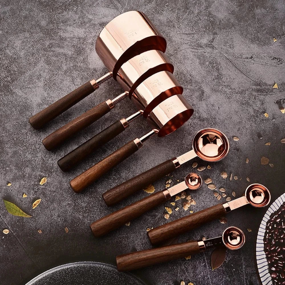 Zestaw miarek i łyżek ze stali nierdzewnej z uchwytami z drewna różanego – najwyższej jakości narzędzia do pieczenia i kawy 
