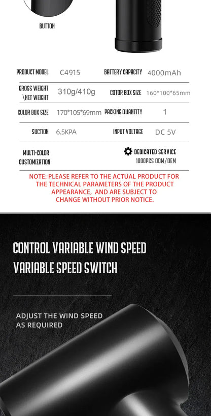 Bezprzewodowa dmuchawa sprężonego powietrza z oświetleniem LED – 51000 obr./min., akumulatorowa dmuchawa czyszcząca