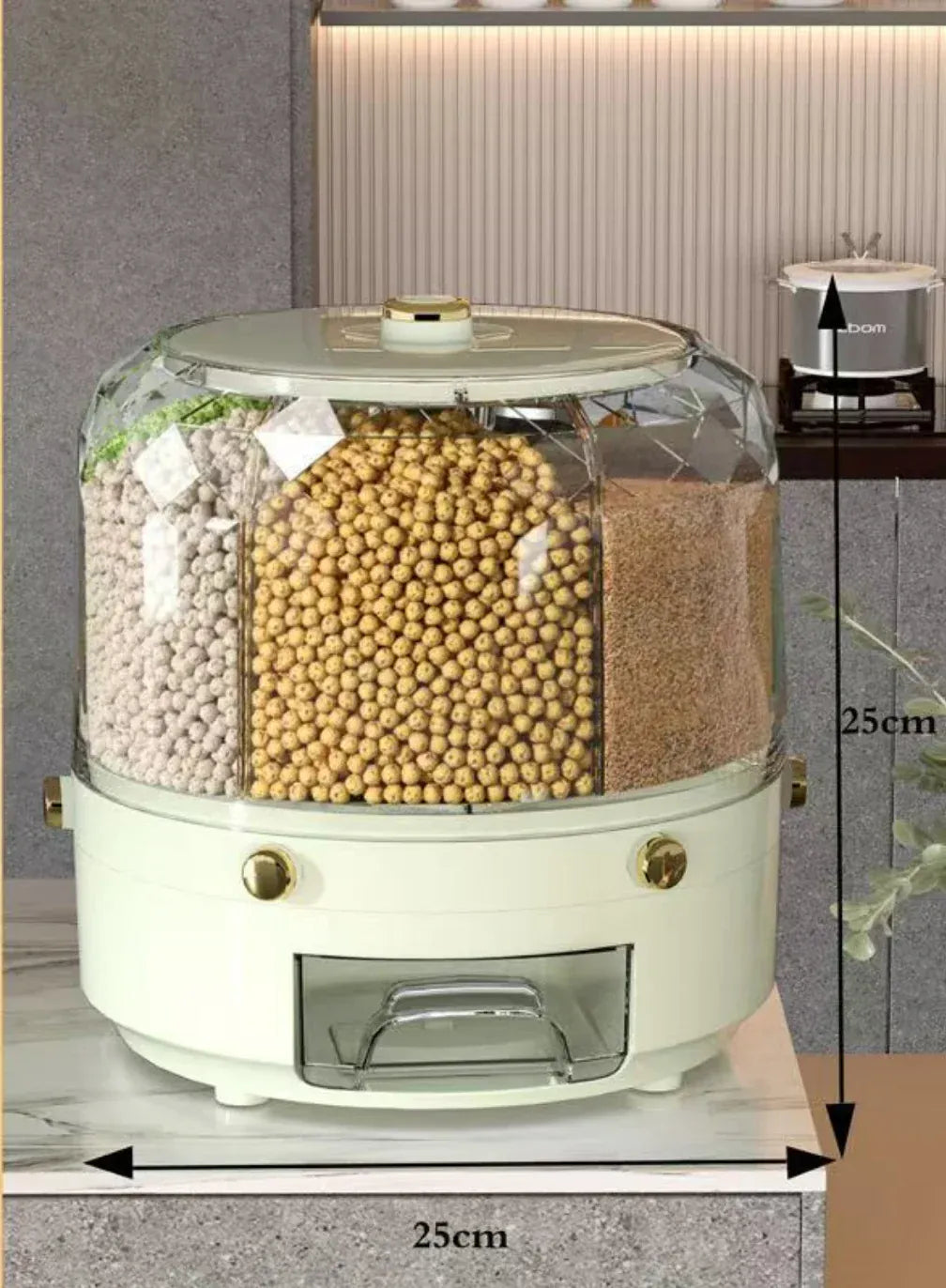 360° Rotating Rice & Cereal Dispenser – Airtight 6-Compartment Grain Storage Box for Kitchen