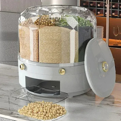 360° Rotating Rice & Cereal Dispenser – Airtight 6-Compartment Grain Storage Box for Kitchen