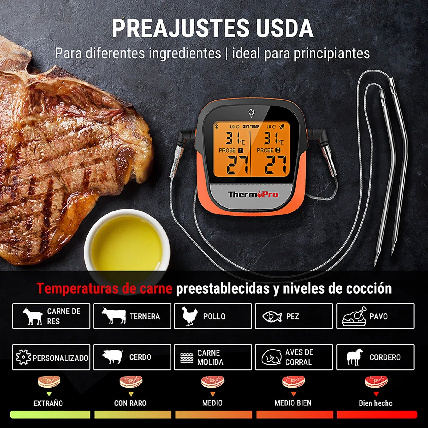 Termometr do mięsa ThermoPro TP902 Smart Bluetooth z dwiema sondami, zasięgiem bezprzewodowym 135 m, sterowaniem za pomocą aplikacji i alarmem do gotowania w kuchni
