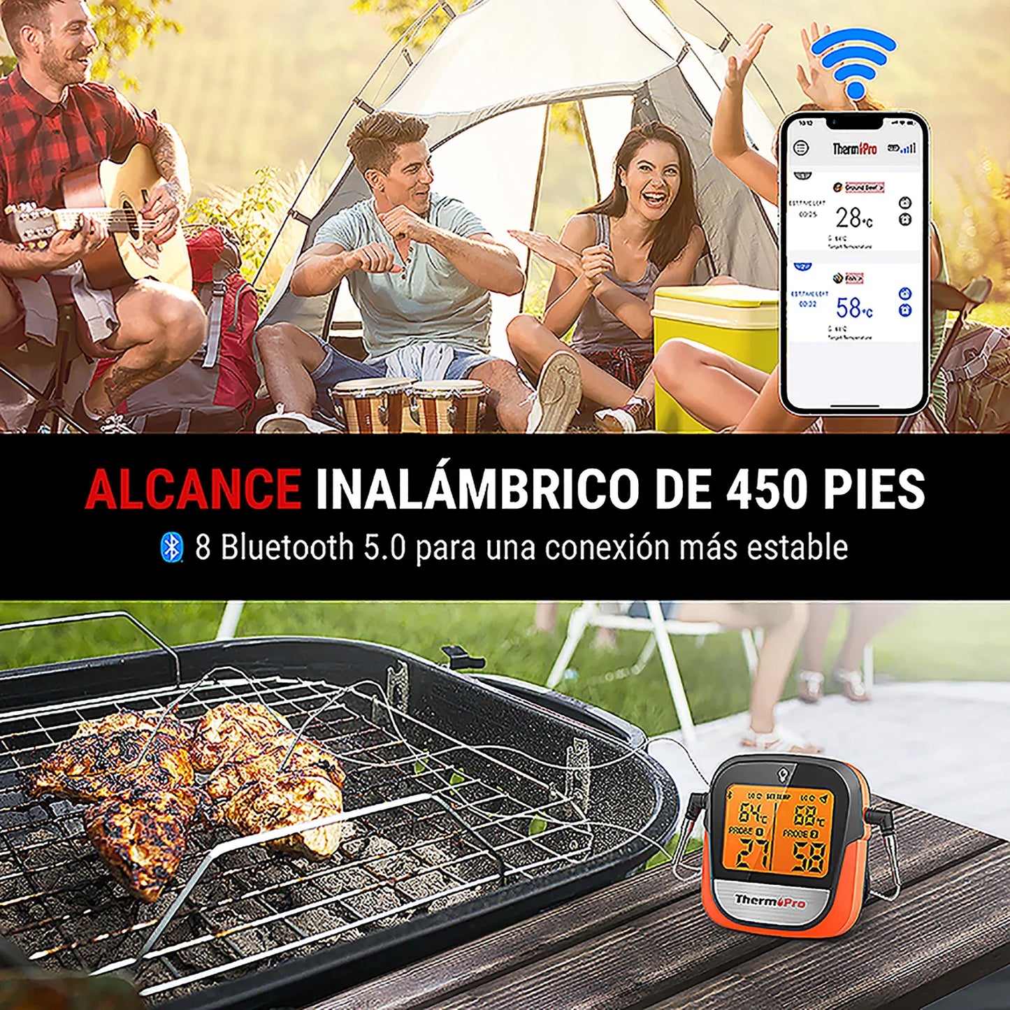 Termometr do mięsa ThermoPro TP902 Smart Bluetooth z dwiema sondami, zasięgiem bezprzewodowym 135 m, sterowaniem za pomocą aplikacji i alarmem do gotowania w kuchni