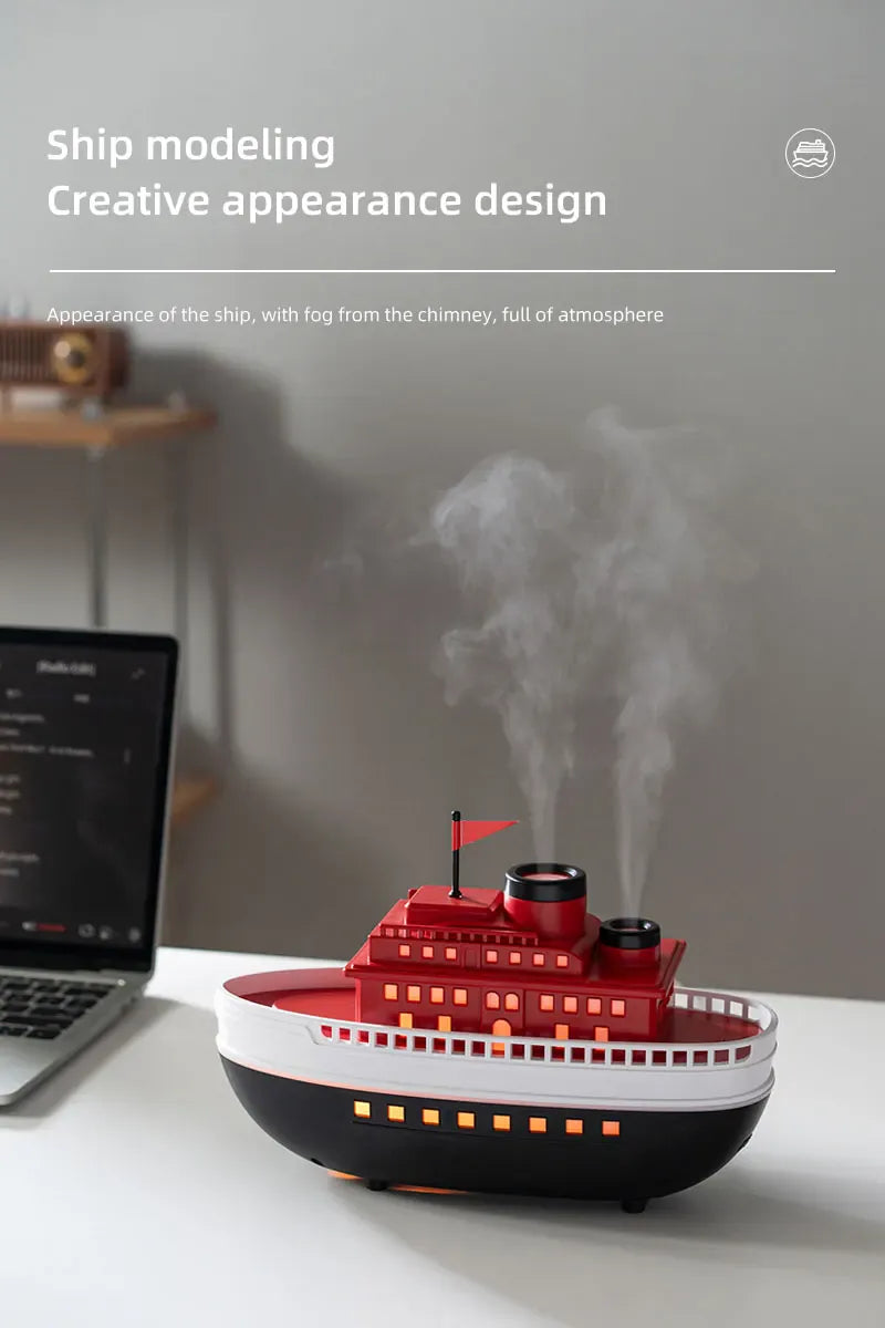 Dyfuzor aromaterapeutyczny Ship 300 ml — nawilżacz z chłodną mgiełką i oświetleniem LED | Dekoracyjny dyfuzor olejków eterycznych Steamboat do domu, sypialni i biura 