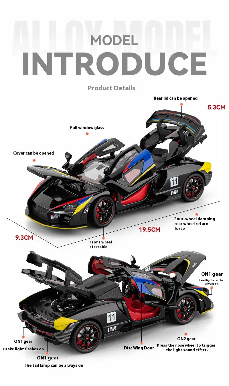 Model samochodu McLaren Senna w skali 1:24 z odlewu ciśnieniowego ze światłami i dźwiękiem – wersja torowa, kolekcjonerski prezent sportowy