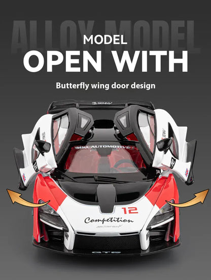 Model samochodu McLaren Senna w skali 1:24 z odlewu ciśnieniowego ze światłami i dźwiękiem – wersja torowa, kolekcjonerski prezent sportowy