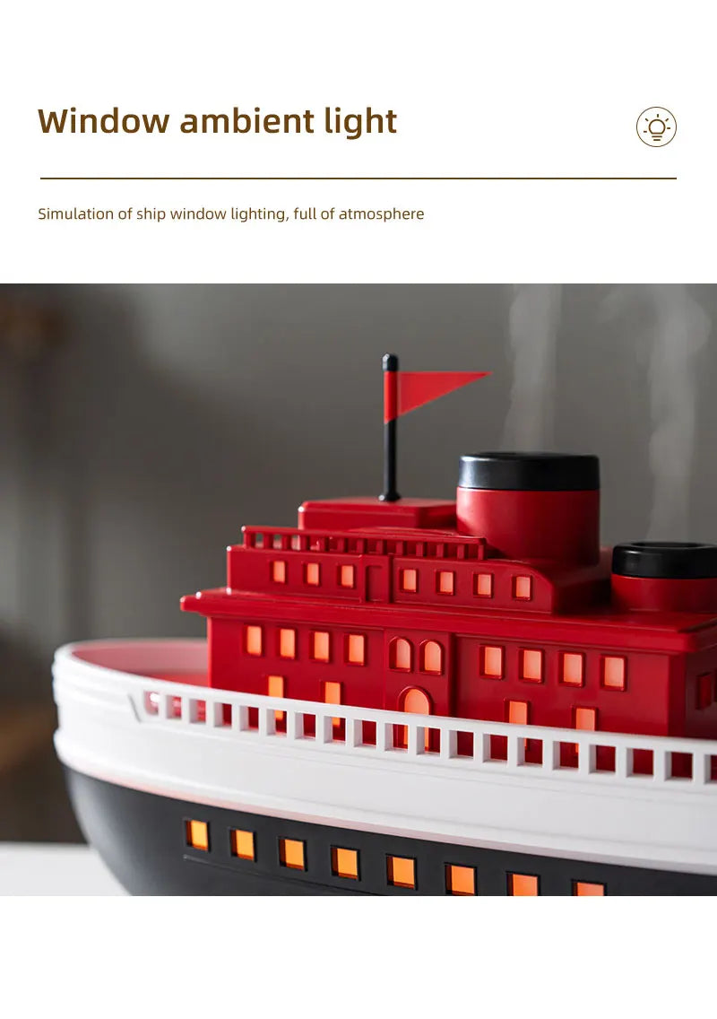 Dyfuzor aromaterapeutyczny Ship 300 ml — nawilżacz z chłodną mgiełką i oświetleniem LED | Dekoracyjny dyfuzor olejków eterycznych Steamboat do domu, sypialni i biura 