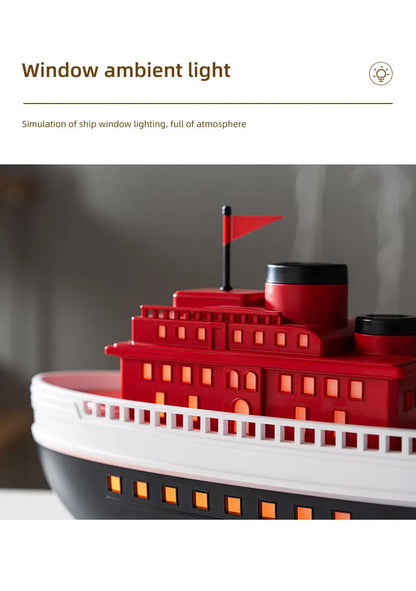 Dyfuzor aromaterapeutyczny Ship 300 ml — nawilżacz z chłodną mgiełką i oświetleniem LED | Dekoracyjny dyfuzor olejków eterycznych Steamboat do domu, sypialni i biura 