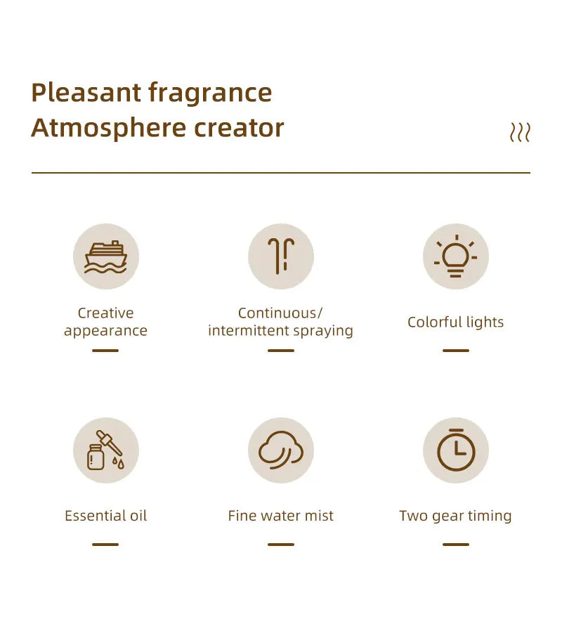 Dyfuzor aromaterapeutyczny Ship 300 ml — nawilżacz z chłodną mgiełką i oświetleniem LED | Dekoracyjny dyfuzor olejków eterycznych Steamboat do domu, sypialni i biura 